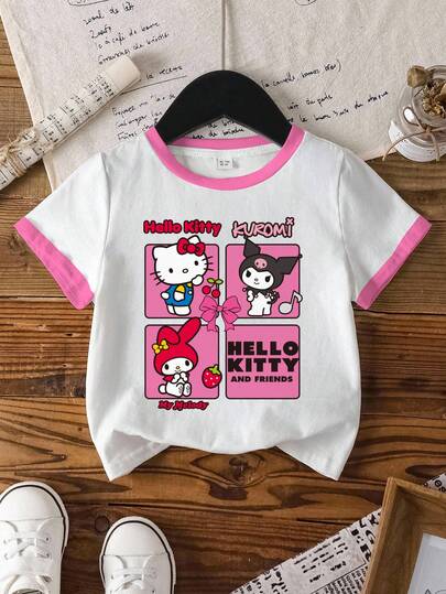 HELLO KITTY AND FRIENDS | SHEIN 女童休闲可爱卡通字母印花圆领短袖T恤，适合日常穿着和通勤，夏季