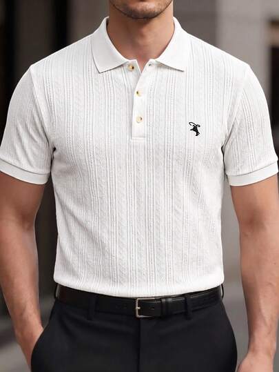 Manfinity Bizformal Áo polo nam tay ngắn dệt kim họa tiết hình học màu trơn, điểm nhấn thêu đen, phong cách thường ngày và công sở.