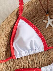 Swim Mod Contrast Color Polka Dot Print Halter Neck Tied Two Pieces Swimwear Set, Spring/Summer - Red and White - View 3