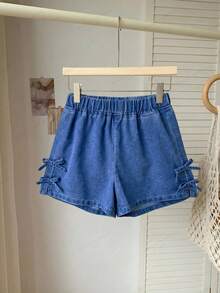 Tween Girls' Summer Casual Elastic Waist Denim Shorts With Bow Decor - Medium Wash - View 3