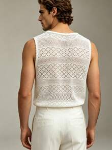 Manfinity Dauomo Men's Summer Casual Basic Basic Vacation Solid Color Hollow-Out Knit Sweater Vest Vacation White Vacation - Beige - View 2