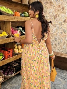 Weeklong Plus Size Women's Casual Vacation Dress With Ruffled Backless, Striped Lemon Print, A-Line, Spring/Summer - Multicolor - View 6