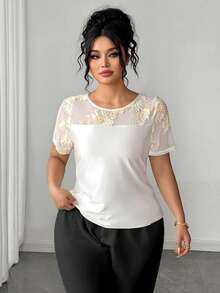 SHEIN Clasi Plus Size Floral Embroidered Mesh Satin Short Sleeve Blouse,Brown,Summer,Elegant,Wedding Guest,Holiday Lace Patchwork Sheer Shirt For Plus Size Women - White - View 5