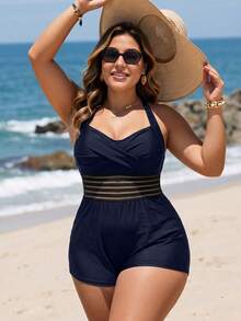 Swim Lushoire Elegant Adjustable Strap Plus Size One-Piece Palazzo Pants For Vacation - Navy Blue - View 5