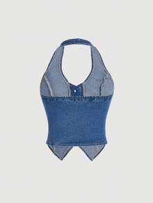 SHEIN ICON Y2K Blue Elastic Cropped Backless Halter Denim Vest Top - Medium Wash - View 2