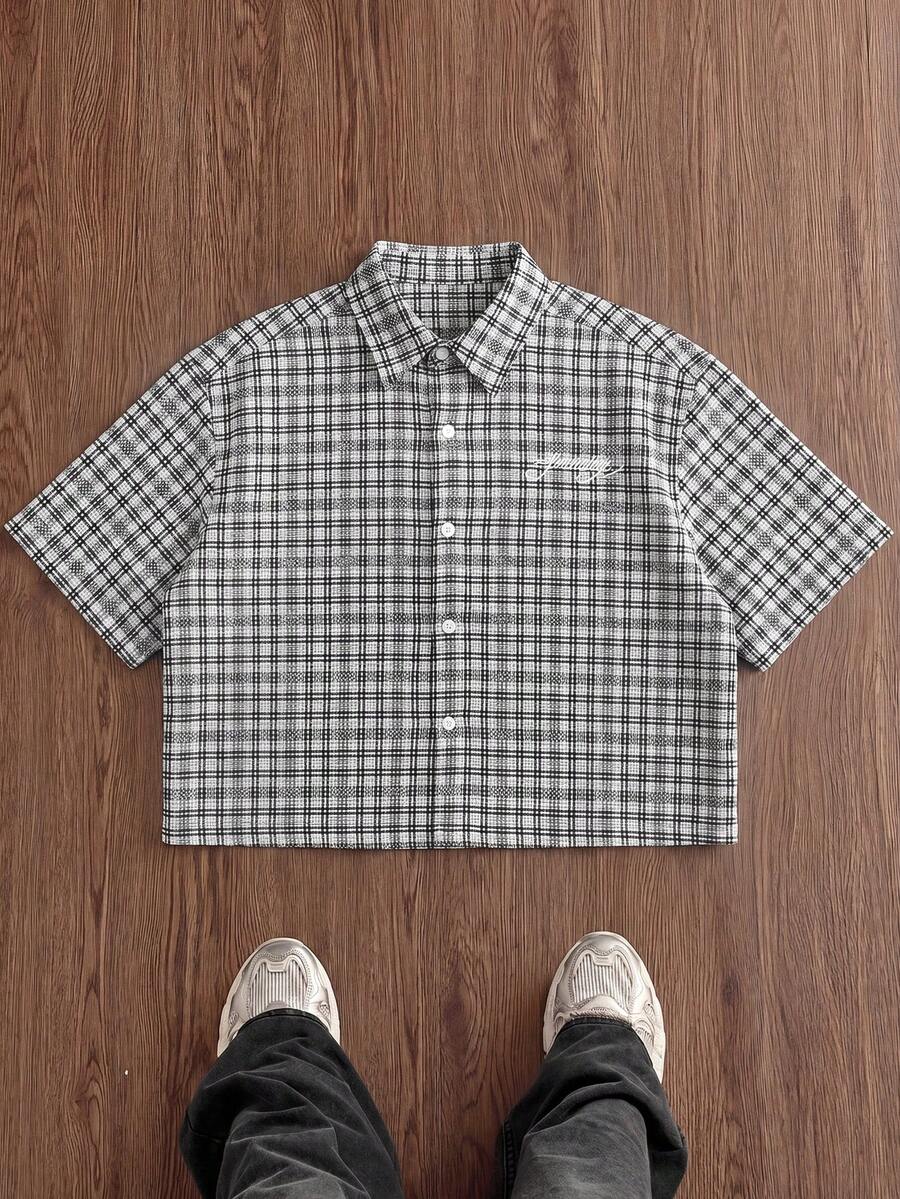 SWAVVY Men's Fashion Plaid Embroidered Single-Breasted Short Sleeve Shirt, Versatile - Black and White - View 1