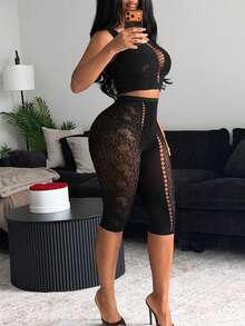 BamGleam Bộ đồ nữ gợi cảm gồm áo hai dây và quần legging màu trơn thiết kế khoét lỗ, chất liệu lưới. - màu đen - Xem 5