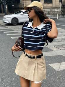Coolane 女款夏季街頭風 70s Y2K 沿海學院風 海軍藍配色短版 Polo 衫，復古學院風 Old Money 彈性上衣 開學穿搭 - 彩色 - 查看 5