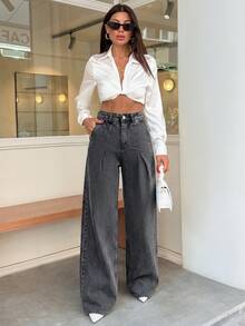 SHEIN Cottnline 100% Cotton HIGH WAIST WIDE LEG VINTAGE  JEAN - Dark Grey - View 5