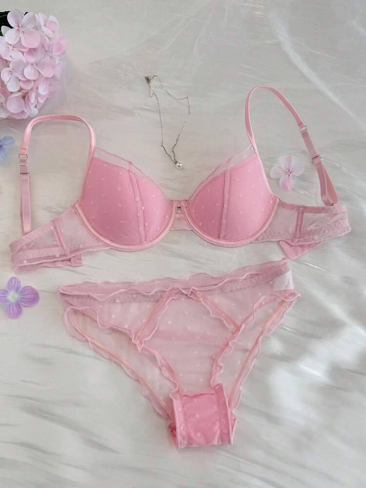 2pcs Polka Dot Lace Patchwork Adjustable Spaghetti Strap Lightly Padded Bra And Sheer Panty Set