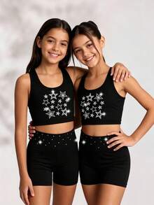 2pcs/Set Tween Girls' Star Rhinestone Black Summer Cute Active Workout Suit,Round Neck Vest&Shorts,Breathable High-Elastic Dance Gymnastics Outfit - Black - View 1
