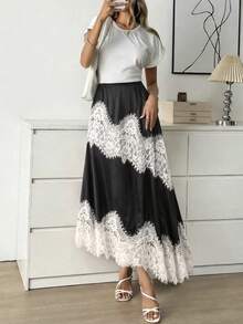 Franclia Damen Große Größen Satin Spitze Patchwork Rock, eleganter minimalistischer Rock, zarter Spitzenbesatz am Saum, geeignet für Frühling, Sommer, Herbst, Dates, Partys, Alltag Outfit, Büro - Schwarz - Übersicht 7