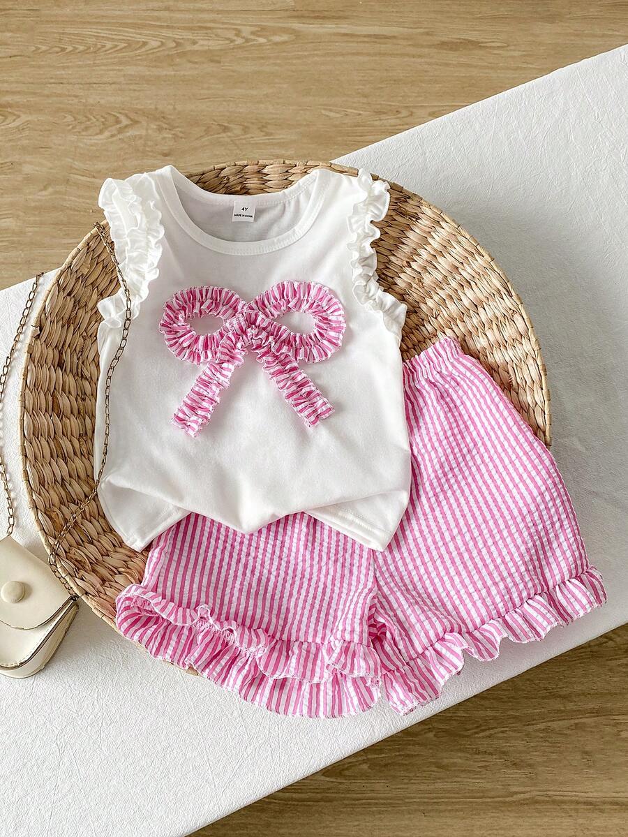 SHEIN Playful Pals Young Girl (Small) Knitted Jacquard Ivory Ruffle Trim Camisole Top And Pink Ruffle Trim Shorts Set, Cute And Adorable Baby Summer Outfit - Pink - View 1