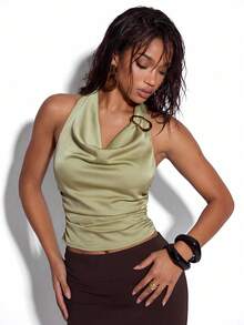 Normani Women's Green Satin Top, Elegant French-Style Halter Neck Top, Perfect For Summer, With Metal Buckle Embellishments, Backless Design. - Green - View 9
