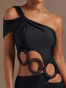 Hauture Women's Sexy One-Shoulder Asymmetrical Neck Fringe Tassel Layered Maxi Dress Bamboo Ring Decor - Black - View 2
