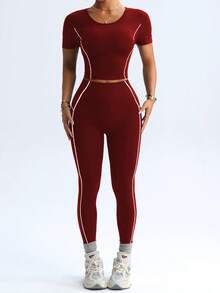 SHEIN Dewbera Bộ đồ thể thao nữ màu đen ôm sát, gồm áo tay ngắn và quần legging. - Màu Đỏ Sâu - Xem 6