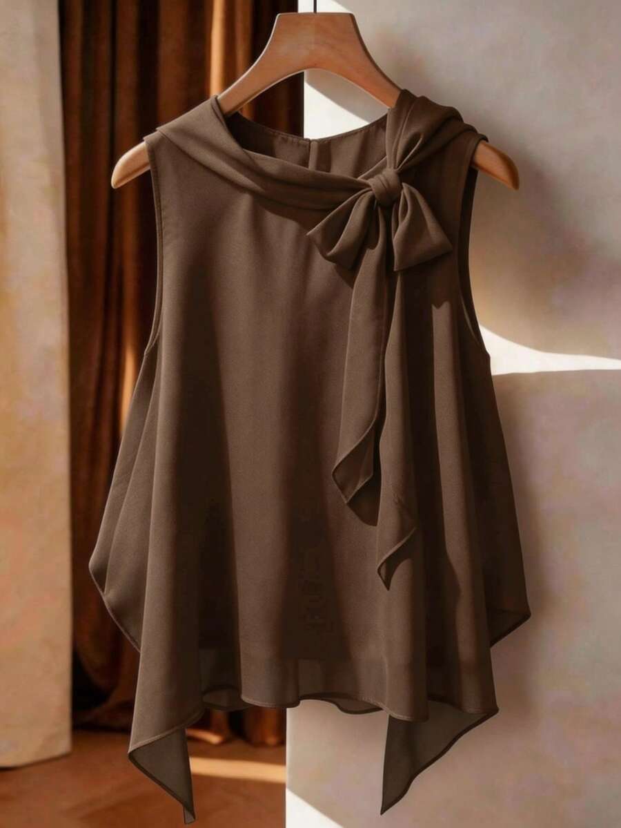 Franclia Plus Size Asymmetrical Hem Bowknot Sleeveless Chiffon Blouse, Fashion Resort Style, Spring/Summer - Coffee Brown - View 1