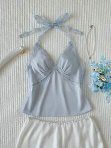 Comfortcana 2026新款女款蕾絲拼接露背上衣，嬰兒藍夏季優雅茶會上衣，百搭時尚，Y2K 2000年代風格，海灘休閒穿搭 - 藍色 - 查看 7