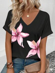 Selamara Floral Print V-Neck T-Shirt, Rolled Short Sleeve Casual Top For Women - Multicolor - View 1