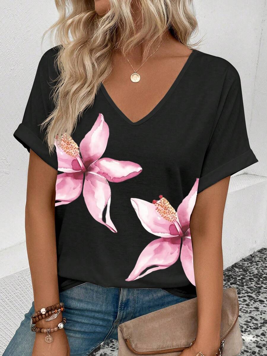 Selamara Floral Print V-Neck T-Shirt, Rolled Short Sleeve Casual Top For Women - Multicolor - View 1
