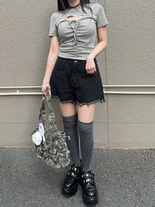 FRIFUL Camiseta de mujer de verano de unicolor con cuello redondo, manga corta, cordón, plisada y con encaje de contraste - Gris - Ver 4