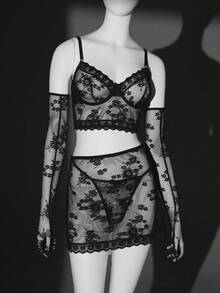 Seduluxe 4件套浪漫蕾丝女士性感内衣及迷你裙 - 黑色 - 查看 6