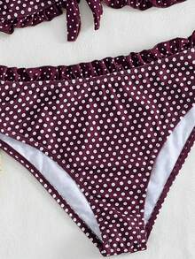 Swim Mod 女士波点两件式比基尼套装，甜美棕色，露背经典白色波点图案搭配棕色底，亮丽层叠时尚复古可爱软杯抹胸无肩带设计，正面蝴蝶结系带，高腰三角泳裤，凸显腰臀曲线，适合春夏海滩、泳池、派对等场合。 - 彩色 - 查看 10