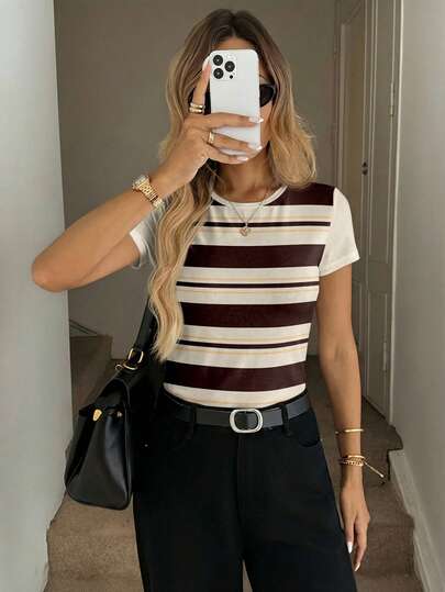 Easowa Striped Casual Minimalist Women's Round Neck Fitted Short Sleeve T-Shirt, Suitable For Spring/Summer
