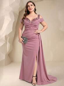 Coutiva Plus Size Solid Color Sequin Patchwork High Slit Formal Evening Gown - Pink - View 4