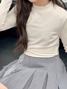 DAZY 青少年女孩高領修身抓絨T恤，秋季百搭 - 白色 - 查看 7