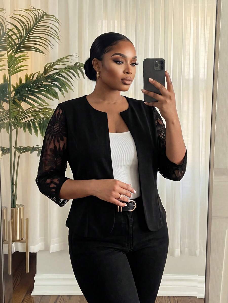 SHEIN Lady CURVE Áo khoác ngắn tay ren đen thanh lịch cỡ lớn dành cho nữ, phù hợp mặc hàng ngày, giáo viên, công sở thường ngày, văn phòng, áo đi chơi, sân bay, sang trọng, đi chơi, thời trang dạo phố dành cho nữ, quý tộc, áo cơ bản, sân bay, sân bay, phong cách Hàn Quốc, sân bay, mùa thu đông thu - màu đen - Xem 1