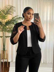 SHEIN Lady CURVE Áo khoác ngắn tay ren đen thanh lịch cỡ lớn dành cho nữ, phù hợp mặc hàng ngày, giáo viên, công sở thường ngày, văn phòng, áo đi chơi, sân bay, sang trọng, đi chơi, thời trang dạo phố dành cho nữ, quý tộc, áo cơ bản, sân bay, sân bay, phong cách Hàn Quốc, sân bay, mùa thu đông thu - màu đen - Xem 4