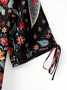 SHEIN LUNE CURVE 碎花宽松短袖衬衫，复古柔软风格 - 黑色 - 查看 4