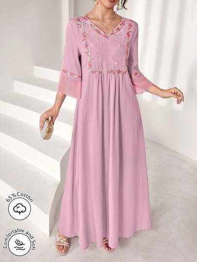 Al Najma Elegant V-Neck Colorful Floral Trim Beaded 3/4 Sleeve Flared Dress, Spring/Summer