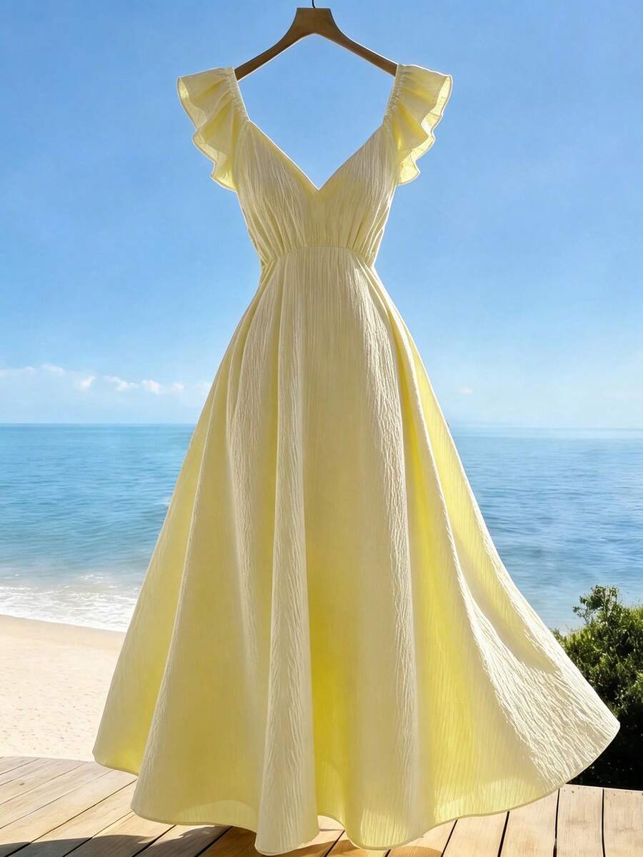 Qadelle Đầm chữ A ôm sát cổ chữ V viền lá cho nữ mùa xuân và hè, đầm thời trang đi nghỉ mát thường ngày, đầm đi nghỉ mát cho nữ, đầm hè phong cách Boho cho nữ, đầm hè thường ngày, đầm maxi cho nữ, đầm màu vàng cho nữ, đầm xếp ly cho nữ, đầm dài thường ngày, đầm thanh lịch cho nữ, đầm nghỉ hè, đầm thanh lịch và lãng mạn, đầm dự tiệc thanh lịch, đầm dạ hội sang trọng, đầm dự lễ, trang phục đi biển, trang phục nghỉ mát cho nữ, đầm dự lễ thanh lịch cho nữ, đầm màu vàng nhạt tay bồng. - Vàng nhạt - Xem 1