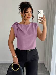 Elenzga Elegant Purple Autumn Sleeveless Linen-Cotton Shirt,Formal Plus-Size Blouse With Shoulder Ties,Stylish Streetwear Office Top For Spring & Summer - Purple - View 1
