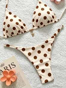 Soleia Women's Retro Polka Dot Contrast Color Print Halter Bikini Set - Multicolor - View 4