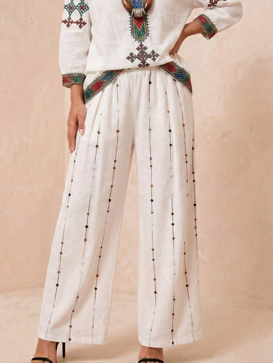 SHEIN Quần dài in họa tiết đa năng, kiểu dáng thường ngày dành cho nữ, hàng mới về mùa hè. - Màu be - Xem 1