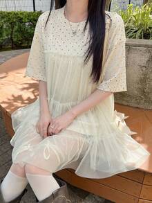 FRIFUL Women's Contrast Color Mesh Patchwork T-Shirt Summer - Beige - View 3