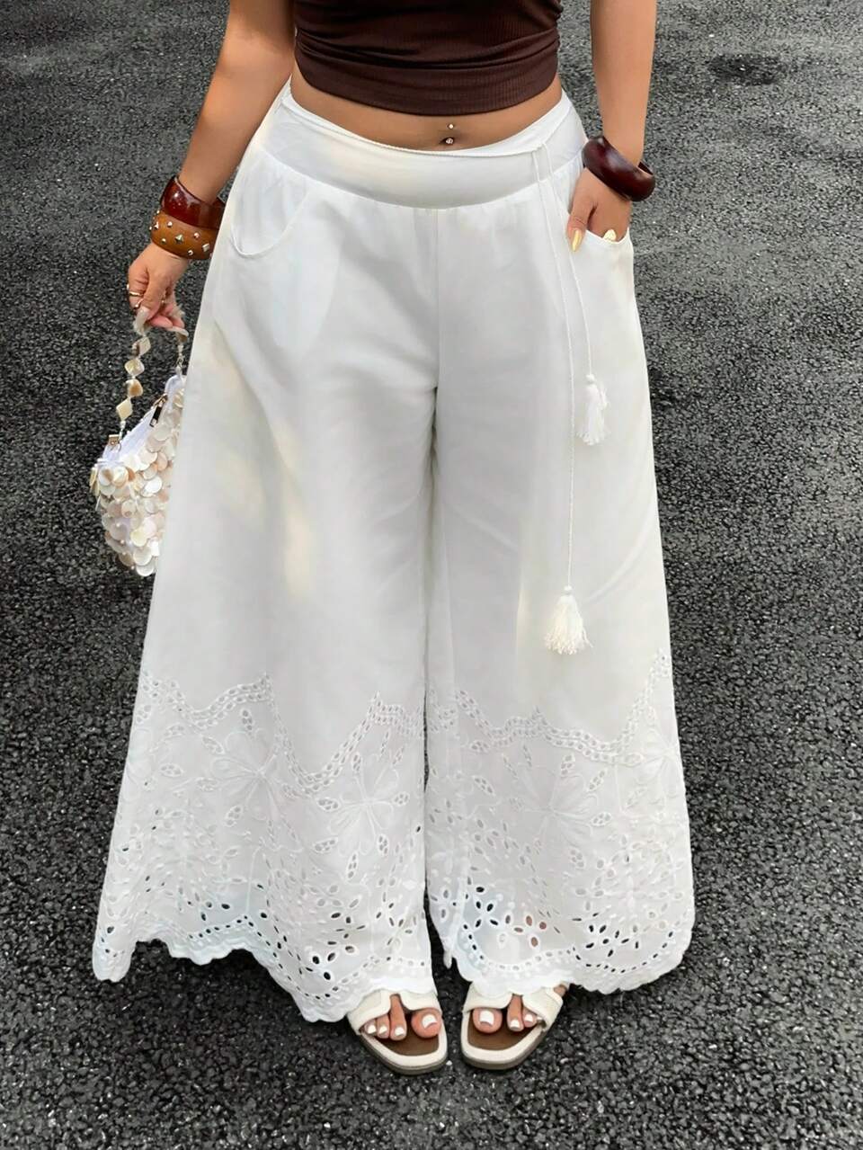 Dazy Plus Plus Size Women's White Vacation Style Wide Leg Pants With Contrast Lace, Casual Long Trousers For Spring And Summer