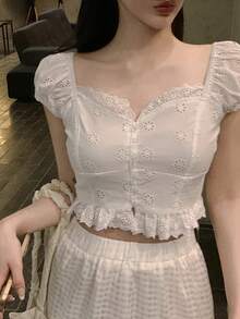 DAZY 女士刺绣褶皱休闲百搭日常衬衫 - 白色 - 查看 6