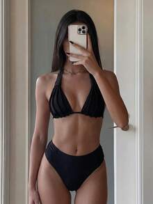 Costavie Bộ bikini hai mảnh kiểu yếm thanh lịch, thoải mái dành cho nữ, thích hợp cho kỳ nghỉ, tiệc bể bơi, đồ bơi có đệm mút cho nữ, bộ đồ bơi đi biển cho nữ, bikini ôm bụng cho nữ. - màu đen - Xem 3