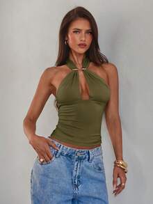 Top Sexy de Mujer  con Aberturas, Decoración de Hebilla Metálica, Cuello Halter con Cordones, Amarillo Claro, Primavera, Top para Salir, Top Sexy para Mujer - Verde militar - Ver 4