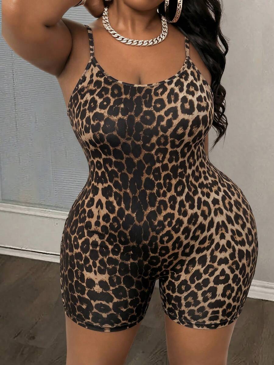 Slaydiva Plus Size Leopard Print Fitted Romper, Summer Date Night Beige Rave