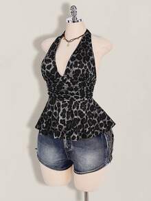 SHEIN ICON 大码女式复古性感个性时尚前卫都市摩登千禧风Y2K豹纹图案收腰深V露背吊带宽松下摆修身上衣 - 灰色 - 查看 7