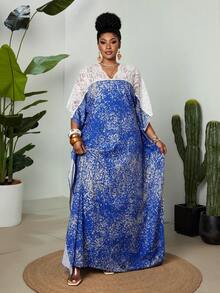 Maweii Plus Size Women White Lace Patchwork Dress, Batwing Sleeve Robe, Loose Long Dress, Cover Up Style Dress, Split Maxi Robe, Beach Holiday,Holiday Outfts For Women,Casuallong Dresses,Blue Dress - Blue - View 6