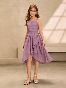 Tween-Mädchen Elegantes luxuriöses rosa Midikleid mit Spaghettiträgern, Off-Shoulder, geeignet für Party, Bankett, Abendveranstaltung, Geburtstag, Aufführung, Hochzeit, Abschlussball, Urlaub und andere Anlässe - Violett - Übersicht 7