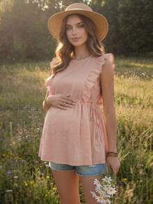 Boho Mama Maternity Ruffled Tie-Up Casual Shirt, Versatile For Vacation - Pink - View 3