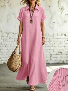 Al Najma Vestido árabe rosa suelto con mangas de murciélago plisadas y cuello de solapa de verano - Rosa - Ver 5