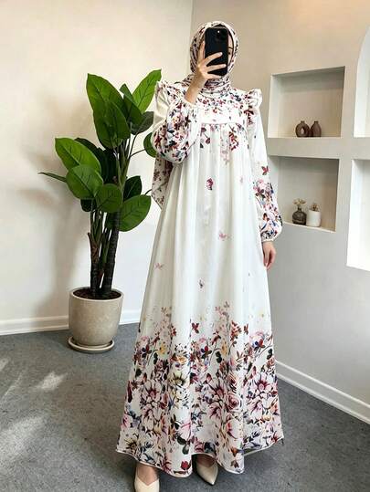 Al Najma Ruched Floral Patterned Elegant Dress With Headscarf